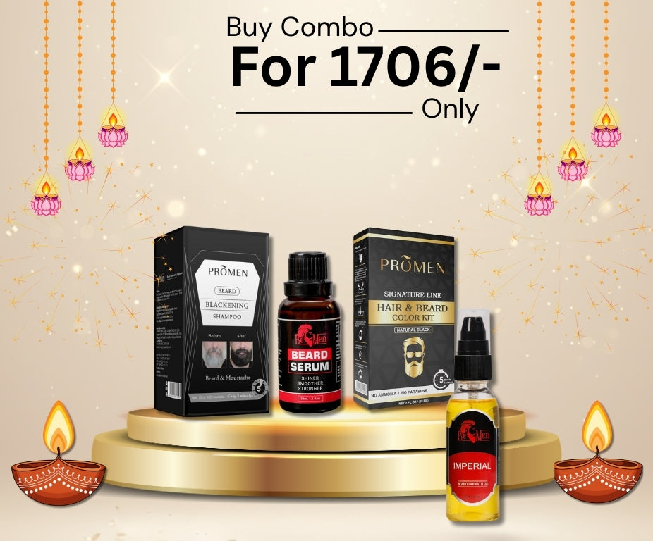 Promen Beard Balckening Shampoo (20 Pkt) + Hair & Beard Color Kit + Beard Serum + Beard Growth Oil 50ml Combo Set