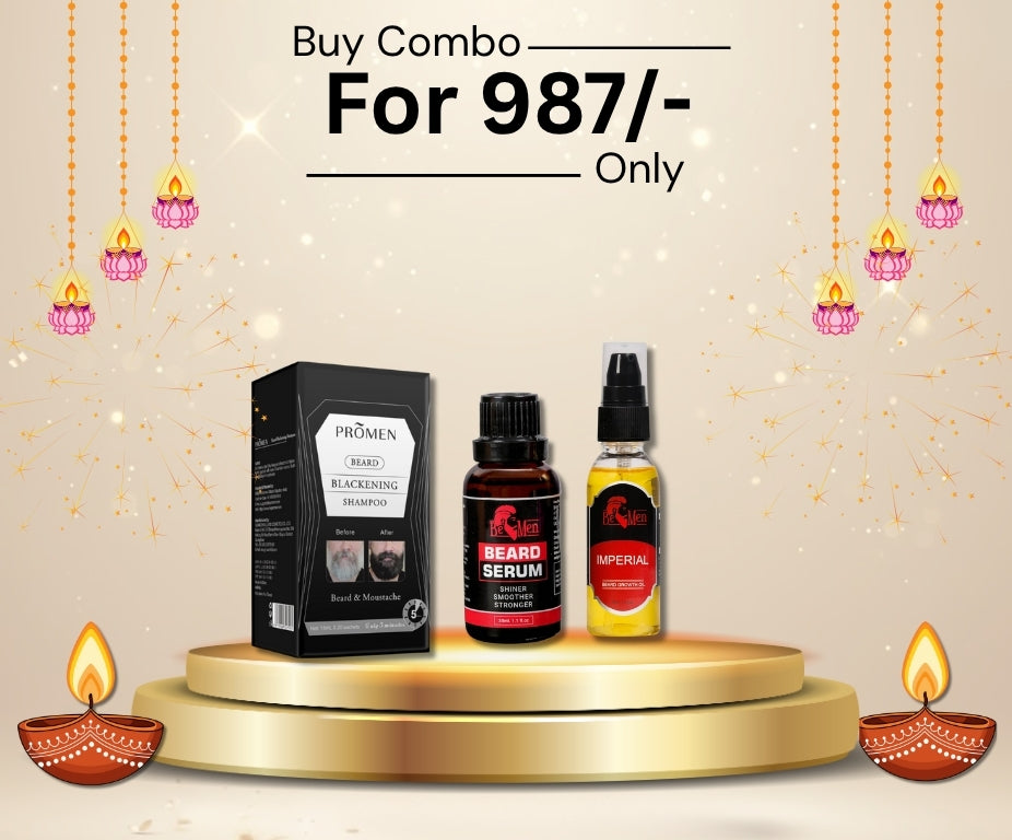 Promen Beard Balckening Shampoo (10 Pkt) + Beard Serum + Beard Growth Oil 50ml Combo Set
