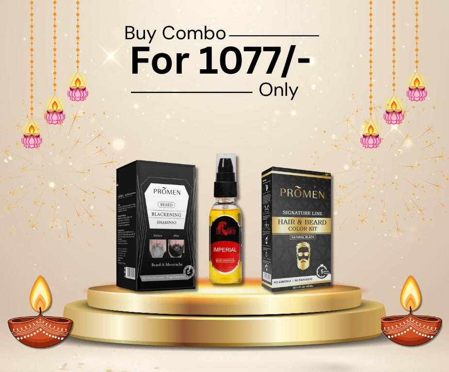 Promen Beard Balckening Shampoo (10 Pkt) + Hair & Beard Color Kit + Beard Growth Oil 50ml Combo Set