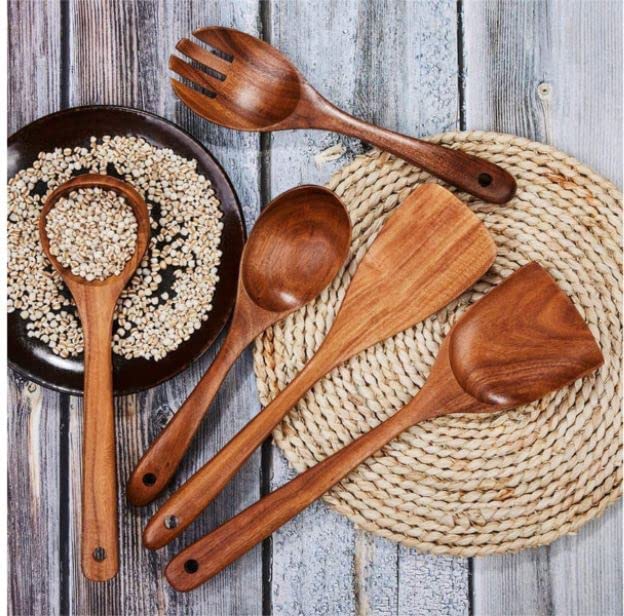 CRAFTARENA Wooden Spoon Natural Handmade Cooking Spoon Set of 5