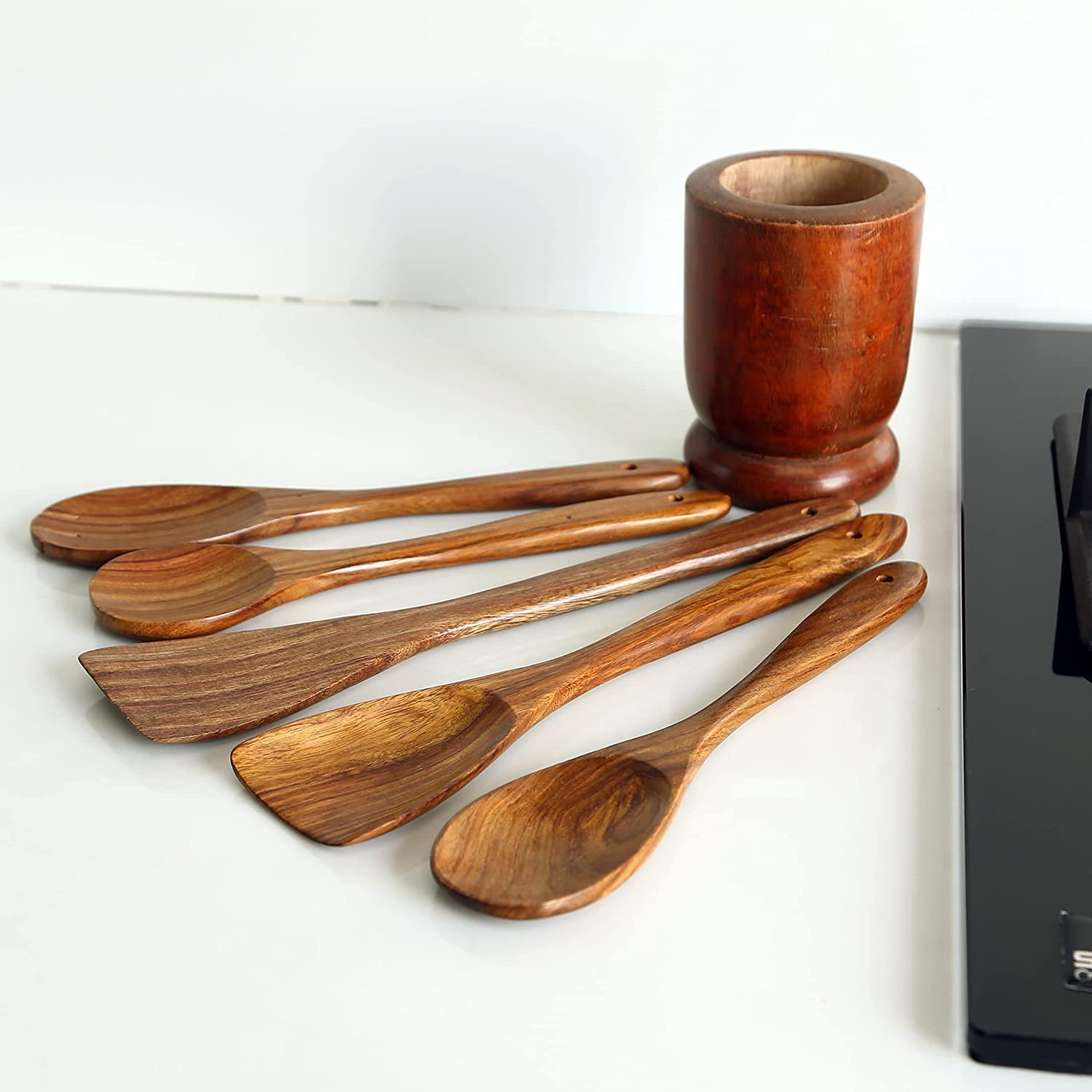 CRAFTARENA Wooden Spoon Natural Handmade Cooking Spoon Set of 5