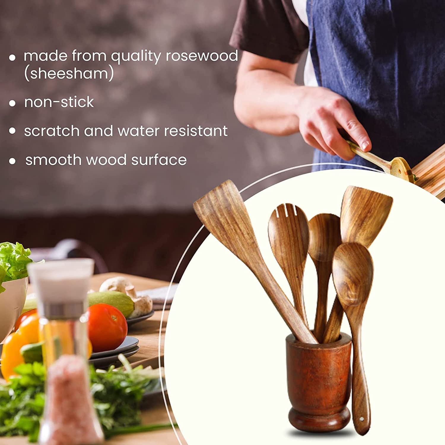 CRAFTARENA Wooden Spoon Natural Handmade Cooking Spoon Set of 5
