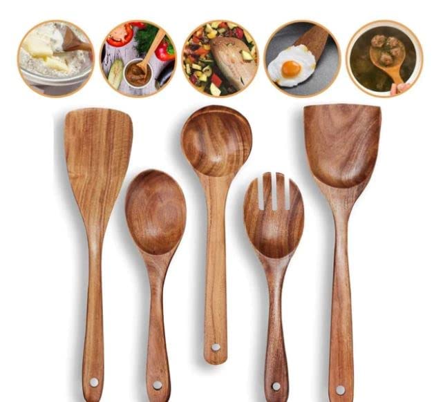 CRAFTARENA Wooden Spoon Natural Handmade Cooking Spoon Set of 5
