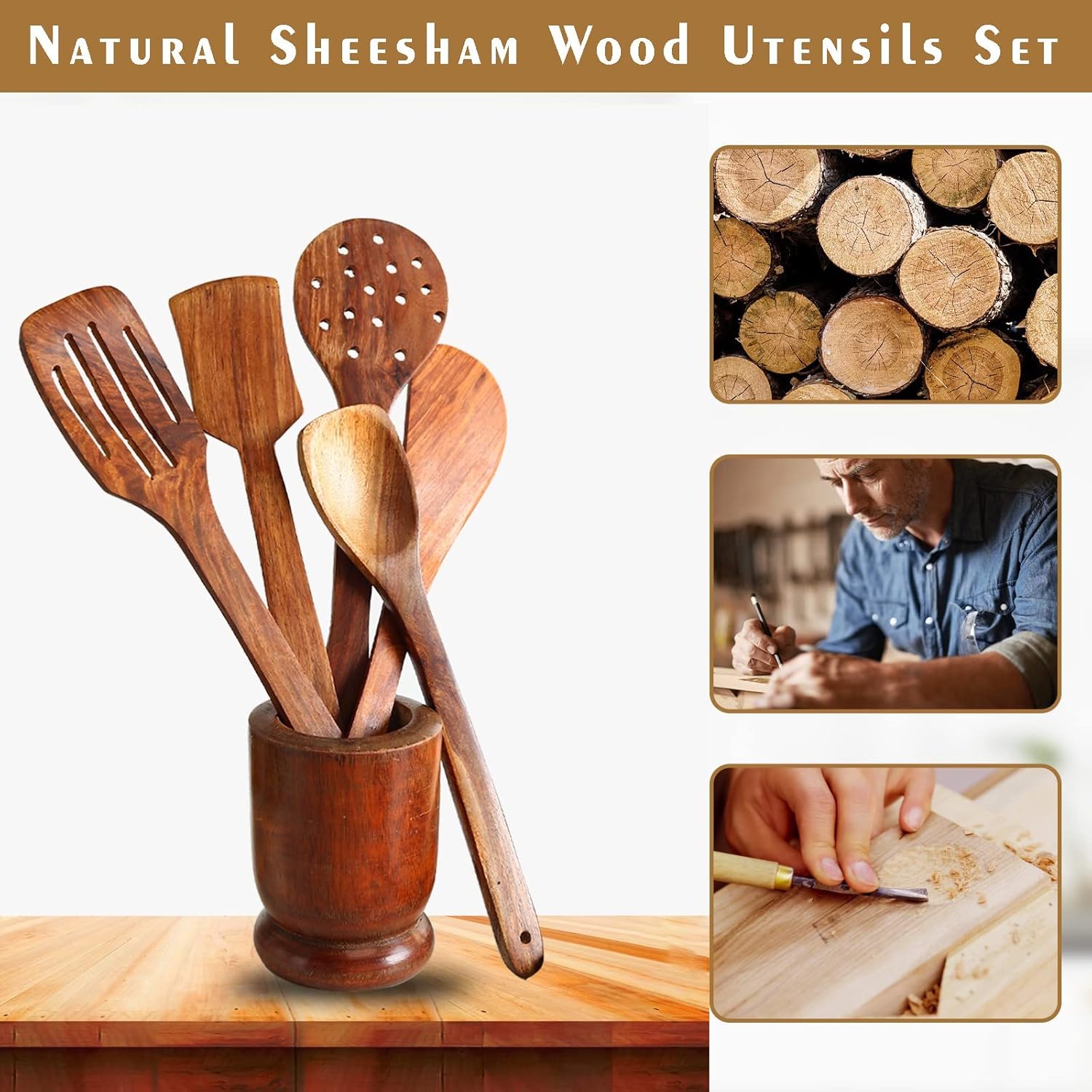 CRAFTARENA Wooden Spoon Natural Handmade Cooking Spoon Set of 5